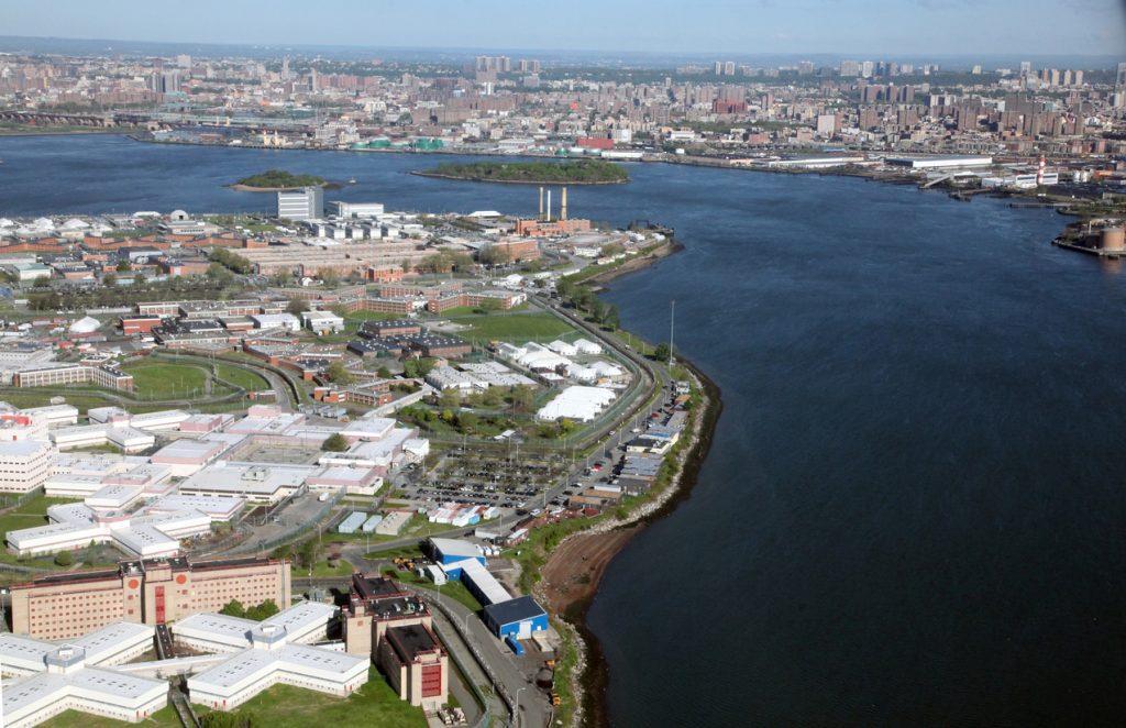 Aerial shot of Rikers Island Prison. Rikers conditions, which are horrible, are in the spotlight as 191 detainees are released.
